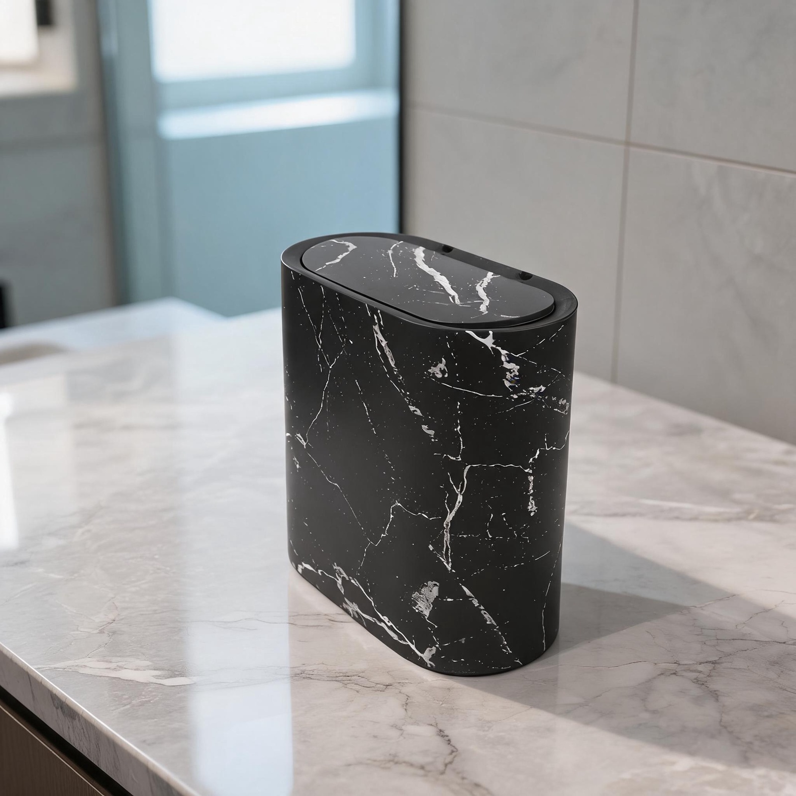 Cubo de basura delgado con pat - Home Bathroom Trash Can reseña y precio